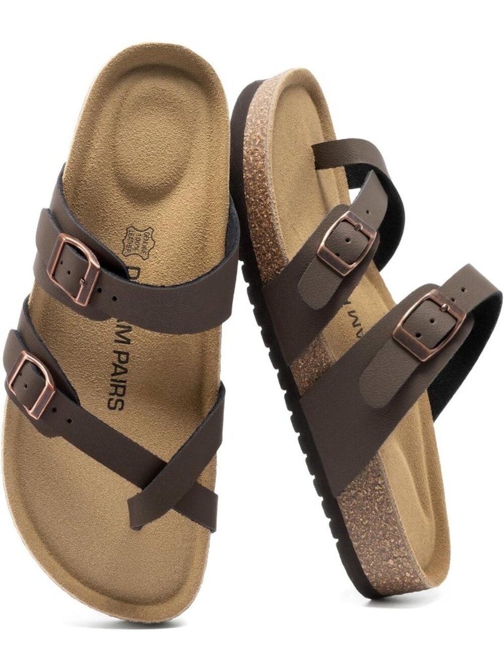 Dream Pairs Women's Brown Open Toe Leather Cork Adjustable Strap Footbed Sandals